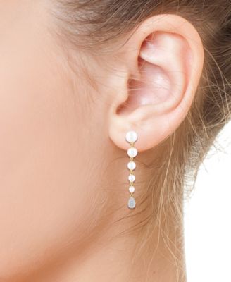 EFFY&reg; Cultured Freshwater Pearl (2-1/2 - 6mm) & Diamond (1/10 ct. t.w.) Graduated Linear Cluster Drop Earrings in 14k Gold