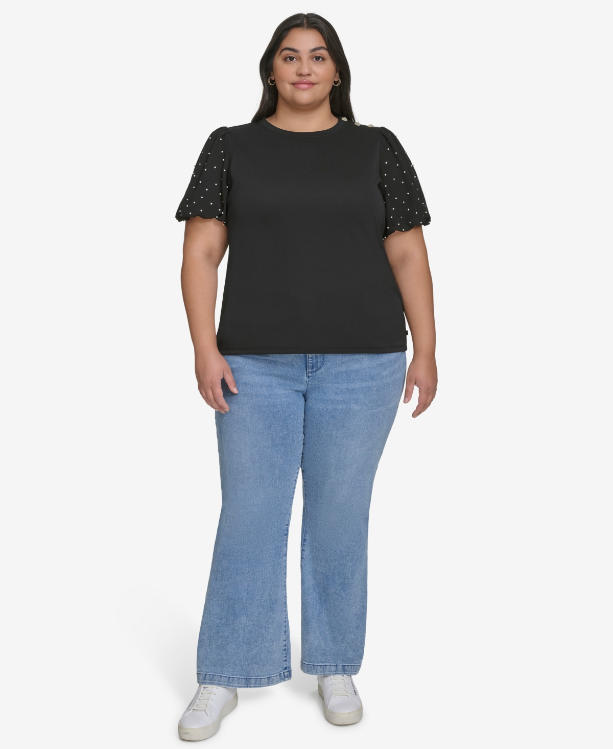 KARL LAGERFELD PLUS SIZE EMBELLISHED PUFF-SLEEVE T-SHIRT, EXCLUSIVELY AT MACY'S 