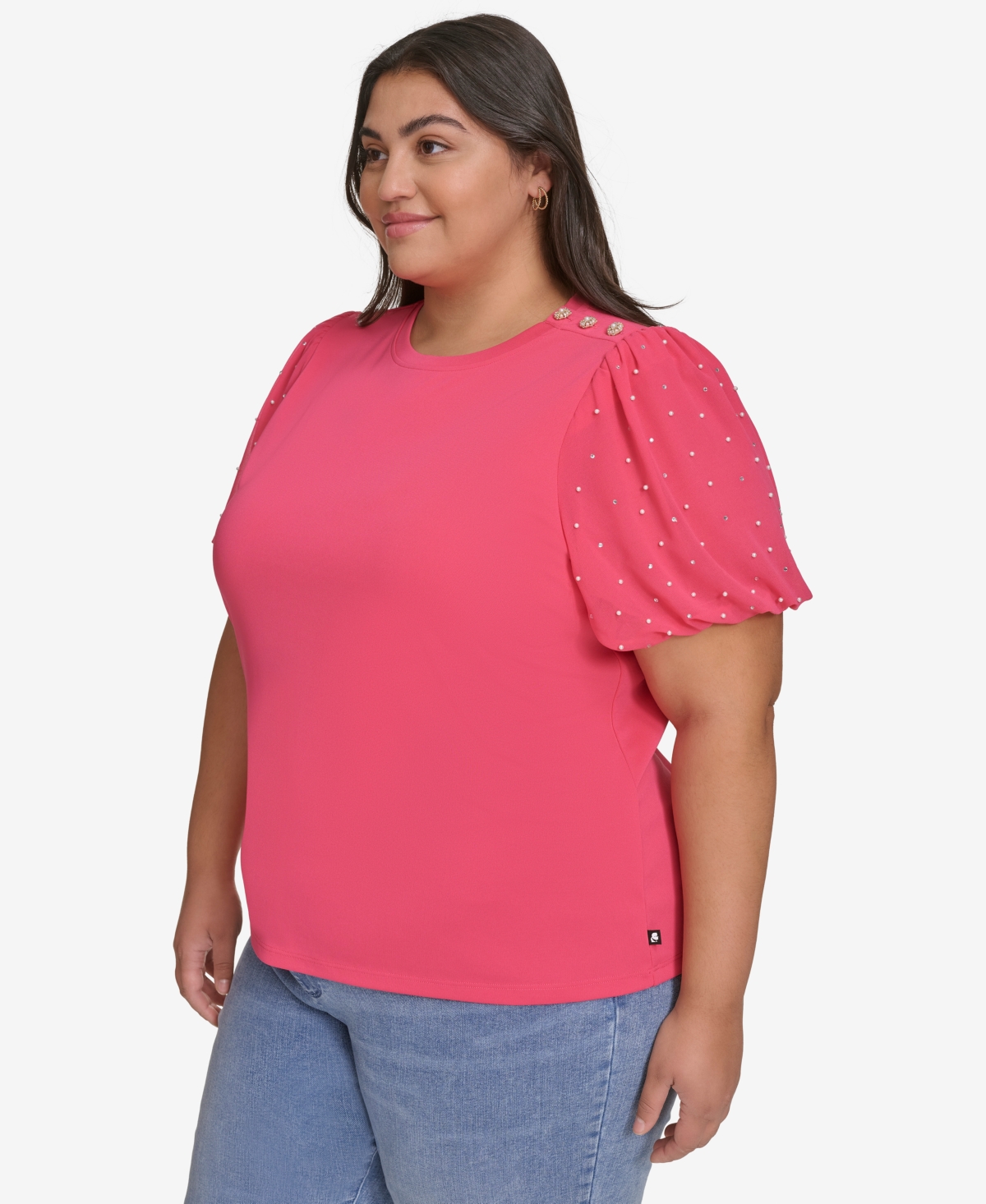 KARL LAGERFELD PLUS SIZE EMBELLISHED PUFF-SLEEVE T-SHIRT, EXCLUSIVELY AT MACY'S 