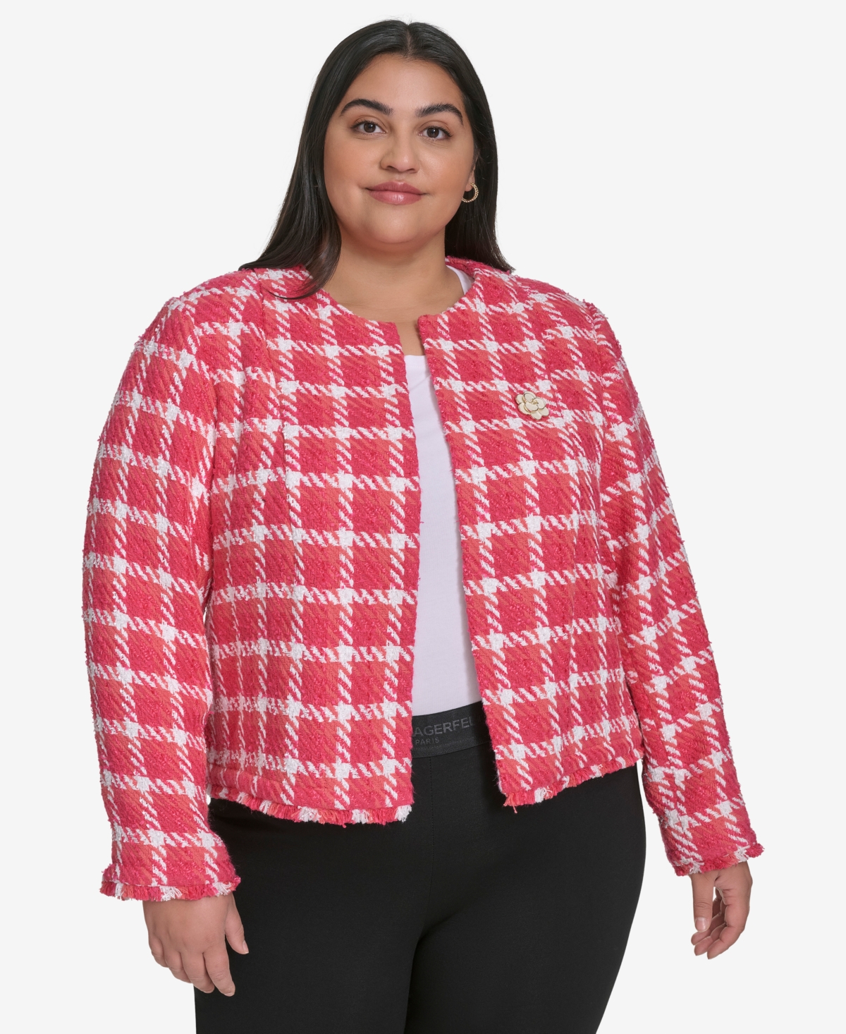 Karl Lagerfeld Plus Size Open Tweed Short Jacket, Exclusively At Macy's In Tea Berry Sunset Coral
