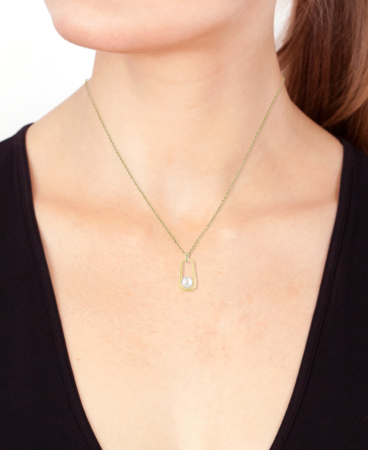 Shop Effy Collection Effy Cultured Freshwater Pearl (8mm) & Diamond Accent Polished Oval 18" Pendant Necklace In 14k Gold