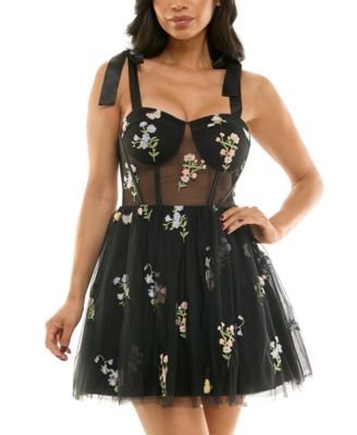 Juniors' Embroidered Tulle Mesh Sleeveless Dress