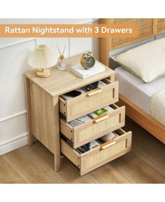 Nightstand Set of 2, Rattan End Table, Rattan Nightstand Boho Cabinet with 3 Natural Rattan Drawers
