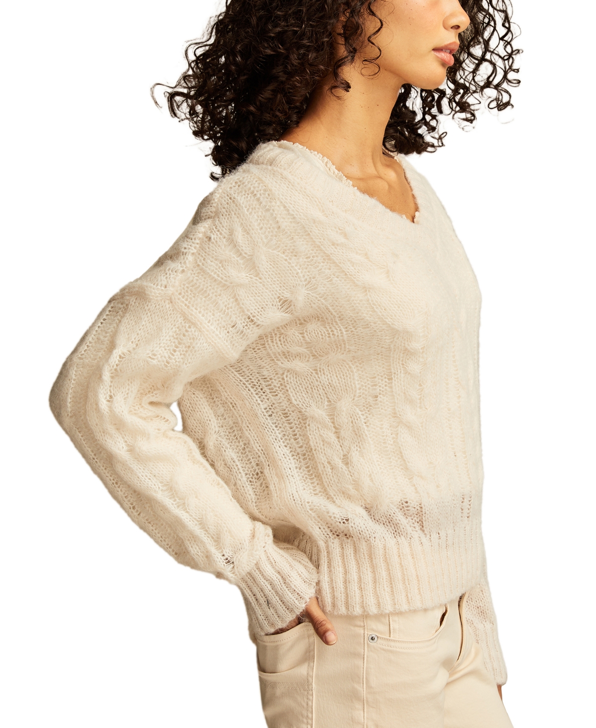 LUCKY BRAND WOMEN'S CABLE-KNIT MOHAIR V-NECK SWEATER 