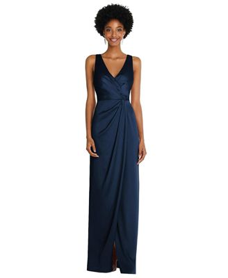 Women's Faux Wrap Whisper Satin Maxi Dress with Draped Tulip Skirt