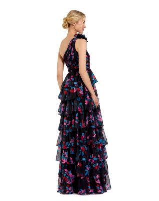 Women's One Shoulder Printed Chiffon Tiered Ruffle Gown