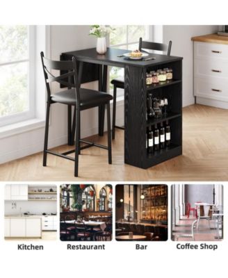 3-Piece MDF & Metal Frame Foldable Top with 3-Layer Shelves and Upholstered Chairs Counter Height Bar Table Set
