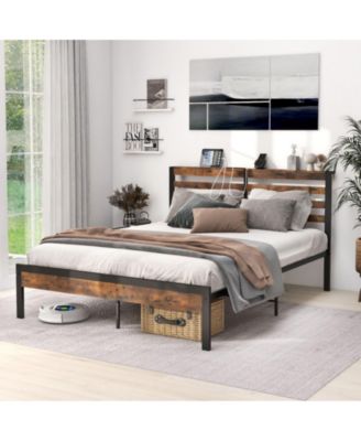 Queen Size Bed Frame with Charging Station and Storage Headboard