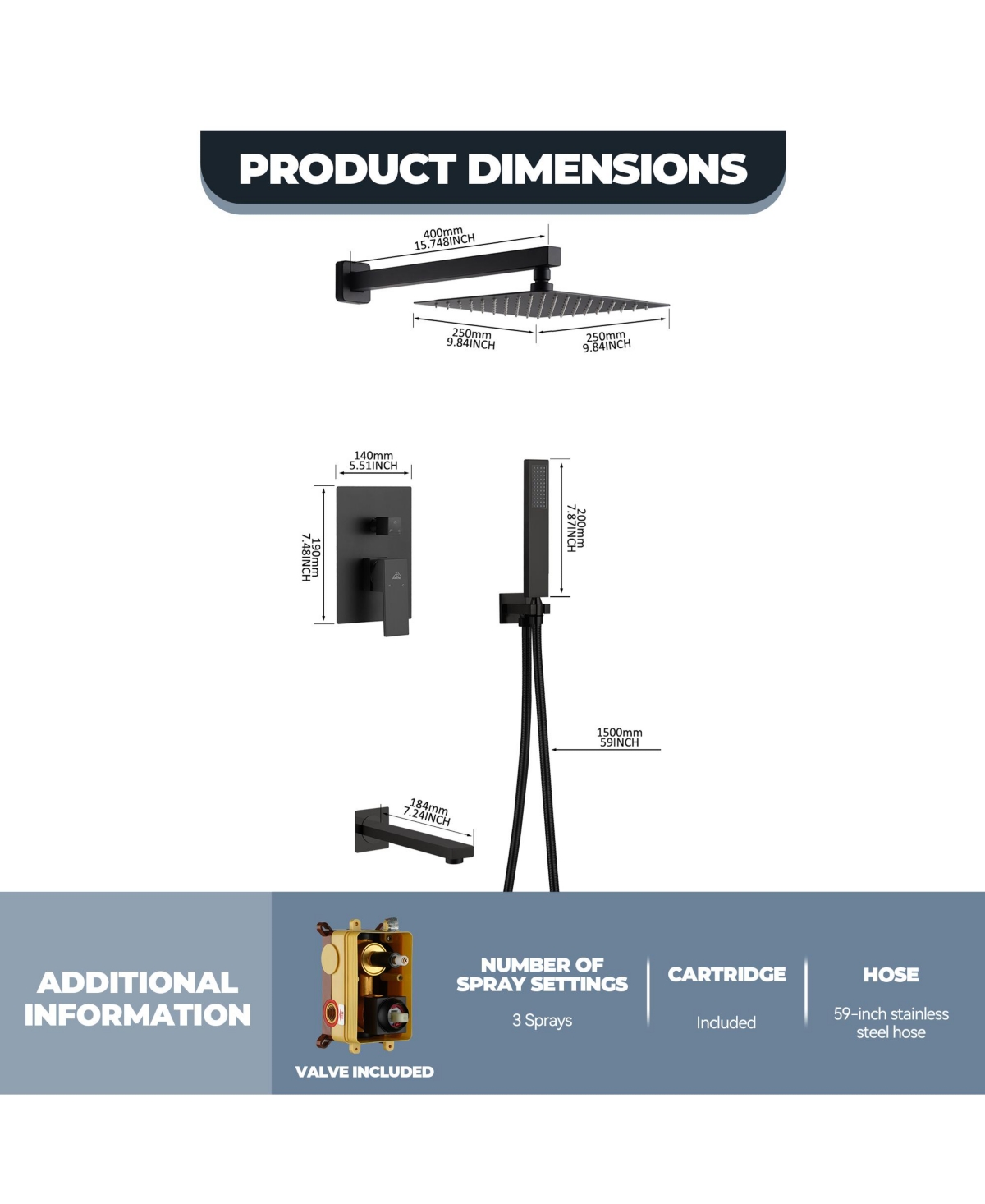 Casainc Inch Wall Mounted Square Shower System Set with Handheld Spray & Tub Spout