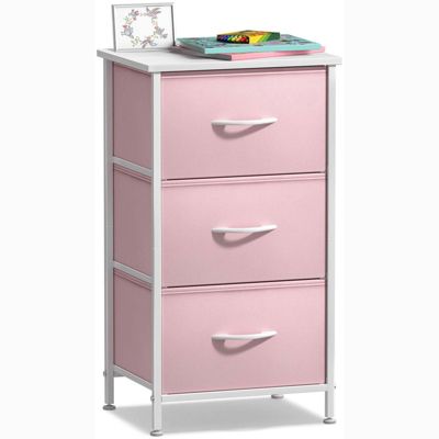Nightstand with 3 Drawers- Steel Frame, Wood Top, Easy Pull Fabric Bins