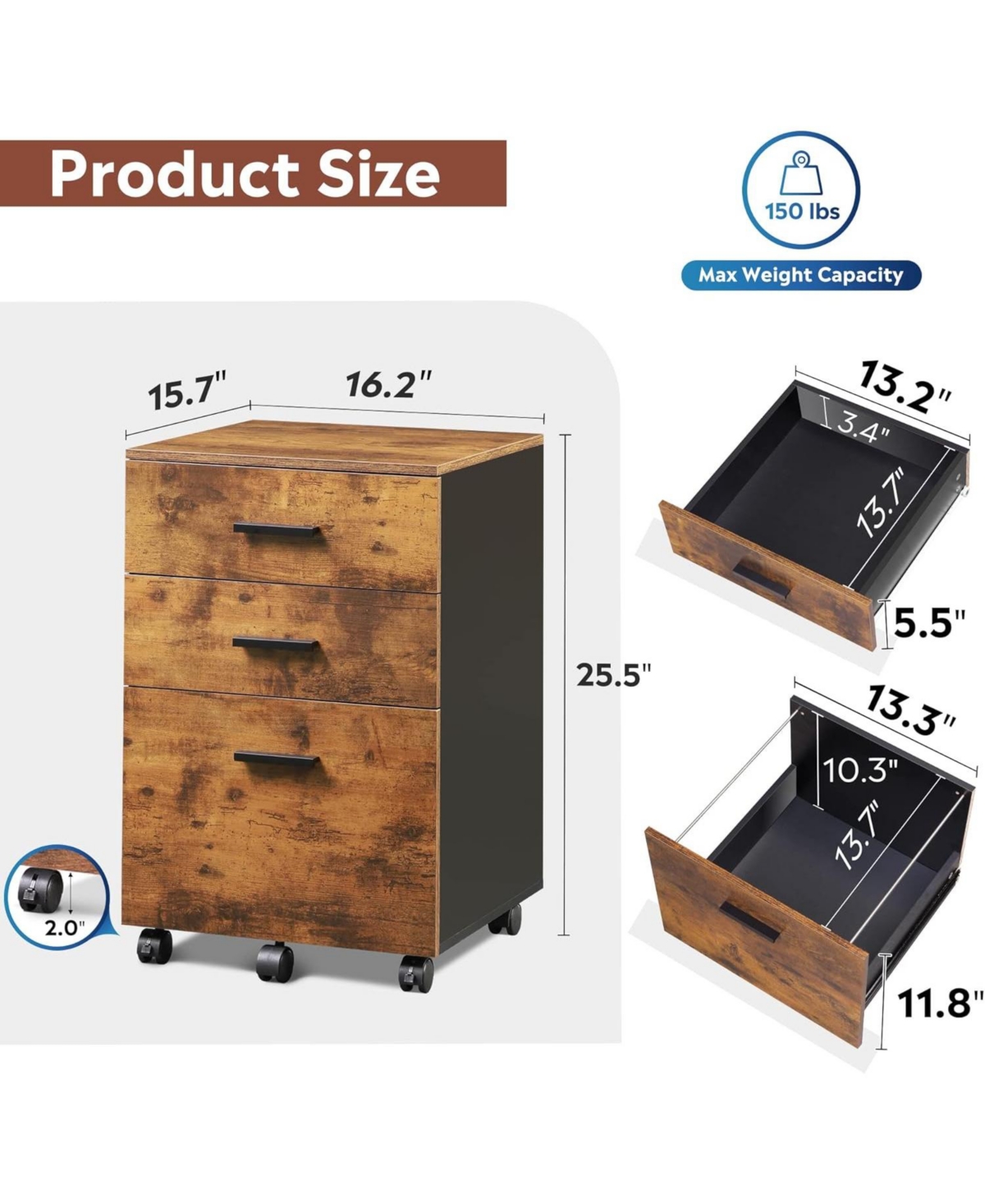 Devaise 3 Drawer Wood Mobile File Cabinet, Rolling Filing Cabinet for Letter/A4 Rustic