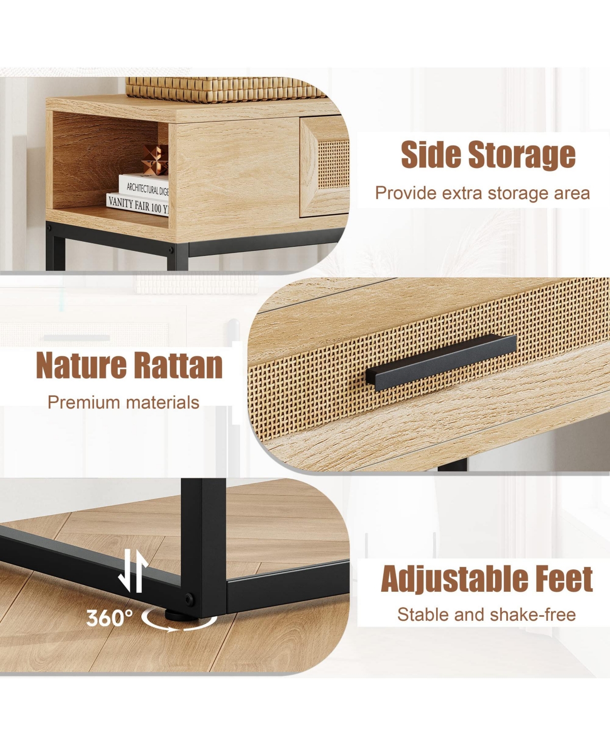 gaomon Console Table, Sofa Tables Rattan Entryway Table with Storage Drawer -pastel Brown