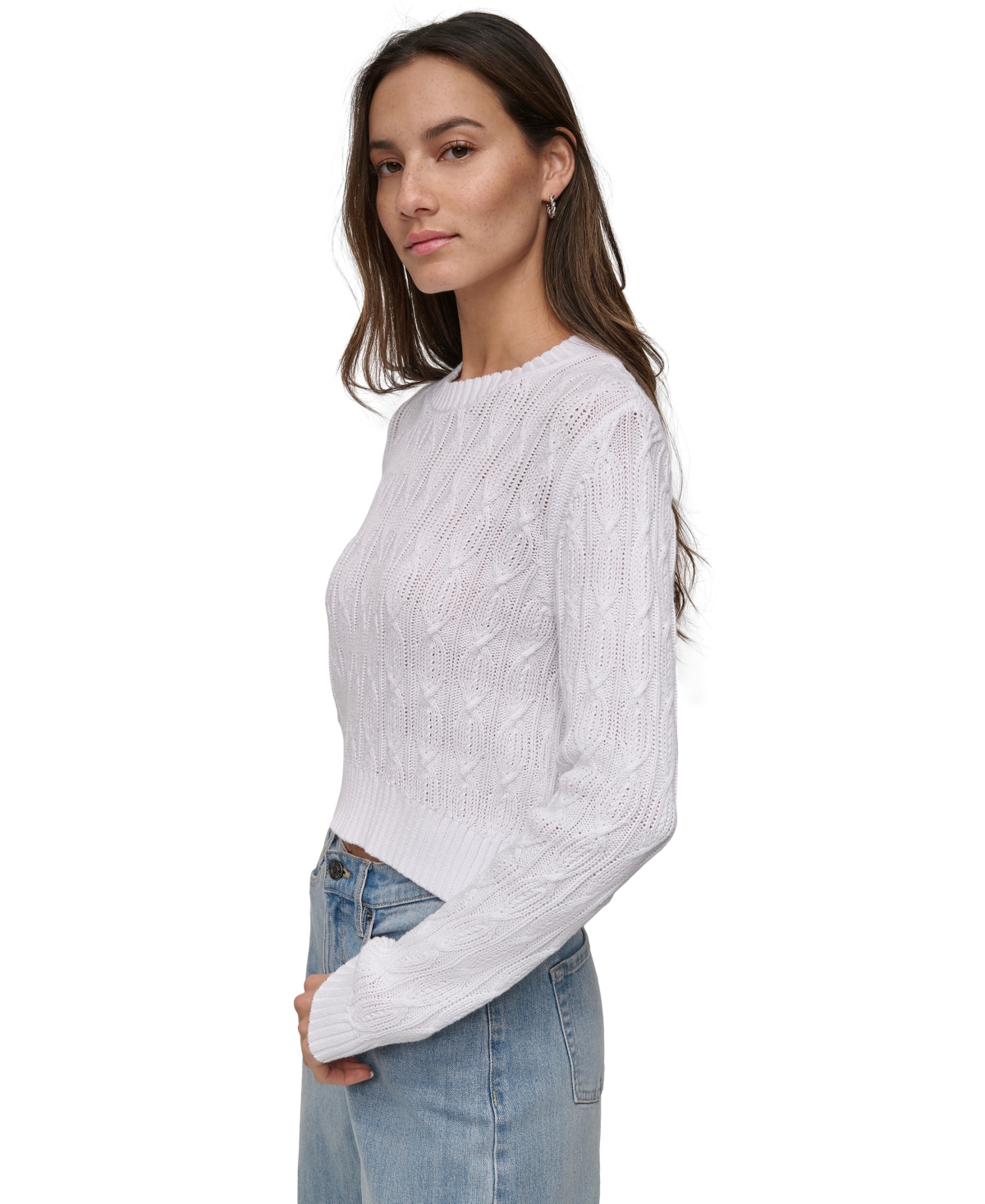 DKNY JEANS WOMEN'S LONG-SLEEVE COTTON CABLE-KNIT CREWNECK SWEATER 