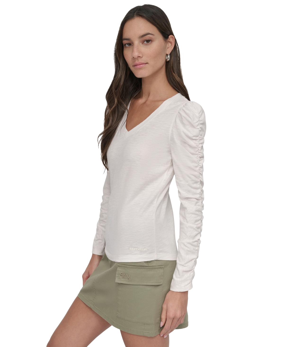 Dkny Jeans Women's Cotton V-Neck Ruched-Sleeve Top - EN2 - EGG NOG