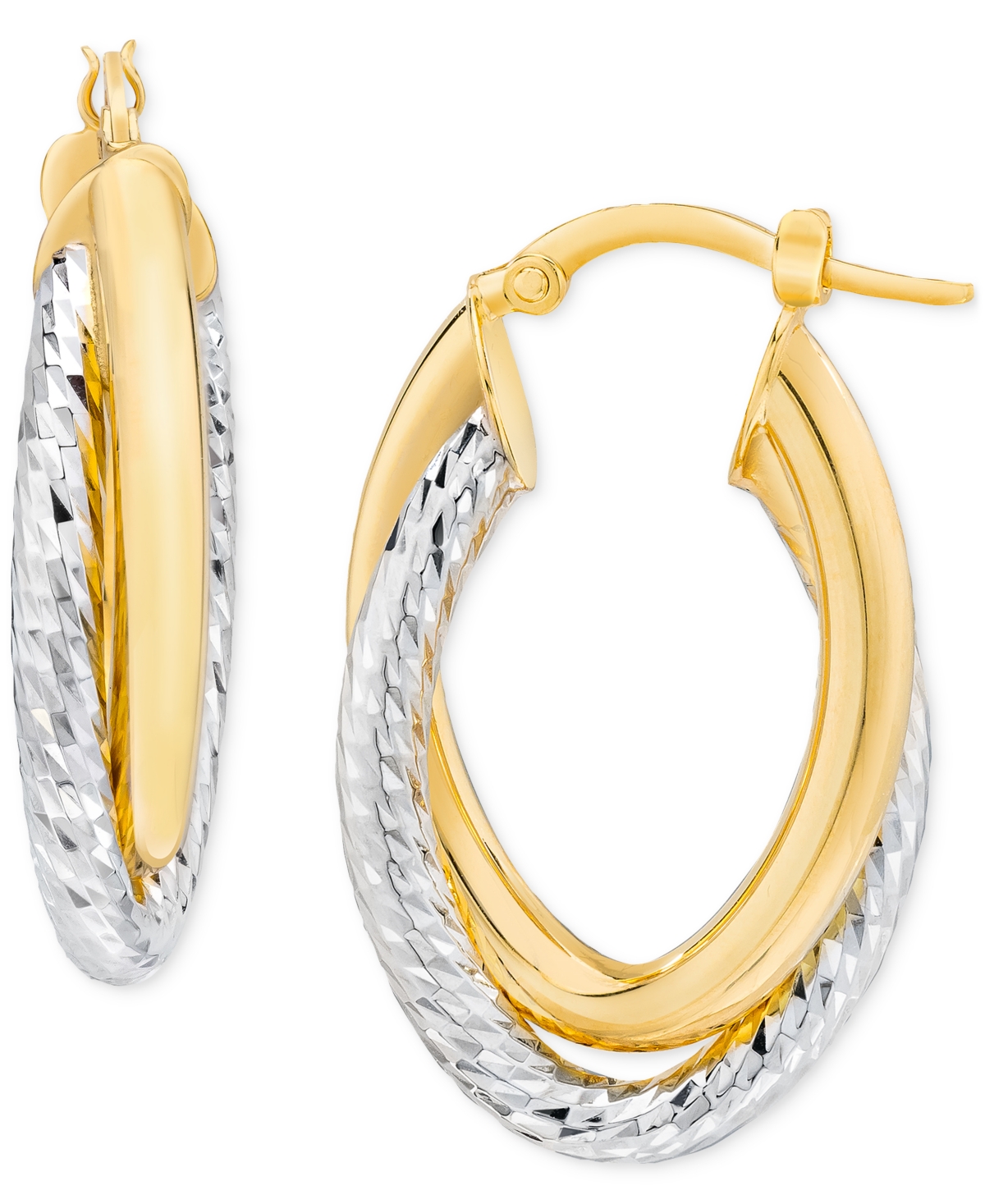 Macy's Polished & Diamond Cut Double-row Oval Bypass Hoop Earrings In 14k Yellow & White Gold In Two-tone