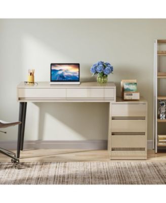 modern, reversible, wood desk with 5 drawers, printer stand, storage — ideal for home office, bedroom, or living room setup.