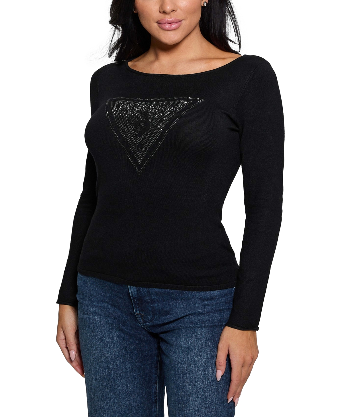 GUESS WOMEN'S ELIZA RHINESTONE-LOGO BOAT-NECK SWEATER 