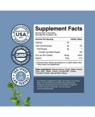 Extra Strength Zinc Gummies for Adults, Chewable Zinc Citrate 50mg Immunity Gummies, Gluten & Gelatin Free Non-GMO, Mixed Berry, 120ct