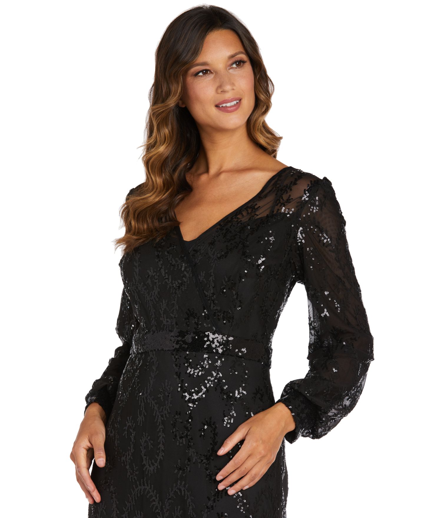Женские платья R & M Richards Sequined Blouson-Sleeve Gown, цвет: Чёрный — фото 5