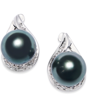 image of Cultured Tahitian Black Pearl (9mm) and Diamond (1/6 ct. t.w.) Earrings in 14k White Gold