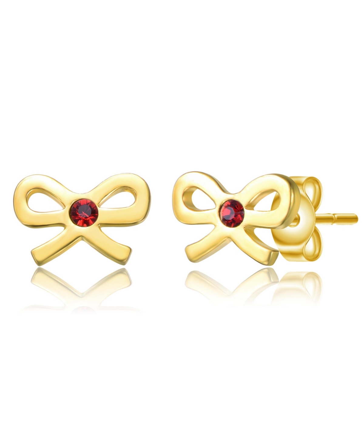 Sterling Silver 14K Gold Plated Red Velvet Cubic Zirconia Ribbon Bow Tie Stud Earrings - Red