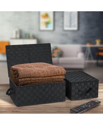 3 Pack Decorative Stackable Woven Basket with Lid and Built-in Rope Carry Handles - Great for Storage and Organization