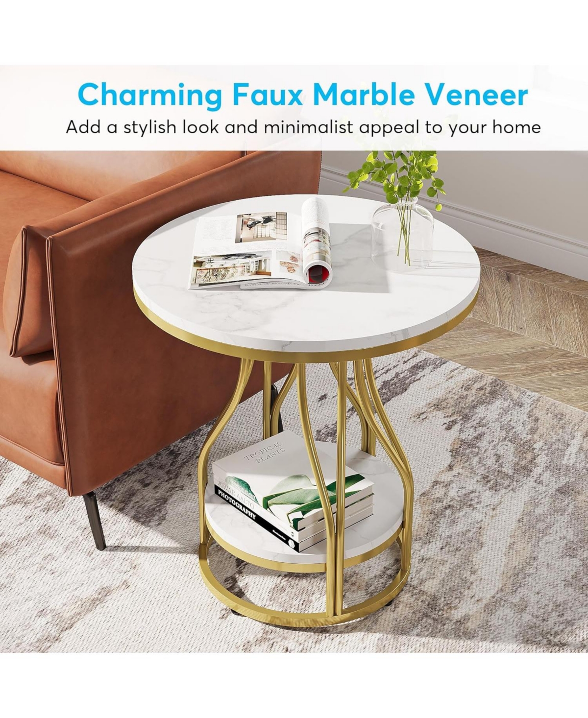 Tribesigns Round Side Table White Gold End Table 2-tier End Table Modern Bedside Table Small Side Table With St In White  Gold