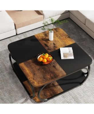 39 Inch Large Wood 2 Tier Coffee Table with Open Storage Shelf