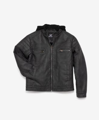 Boys Lined Moto PU Leather Jacket With Removable Hood