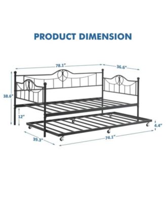 Twin Daybed with Trundle, Modern Pull Out Day Bed Frame with Vintage Headboard, Metal Daybed with Sturdy Slat Support,for Small Spaces, Kids Room, Living Room, Guest Room