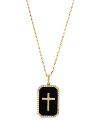EFFY&reg; Onyx & Diamond (1/4 ct. t.w.) Cross Dog Tag 18" Pendant Necklace in 14k Gold