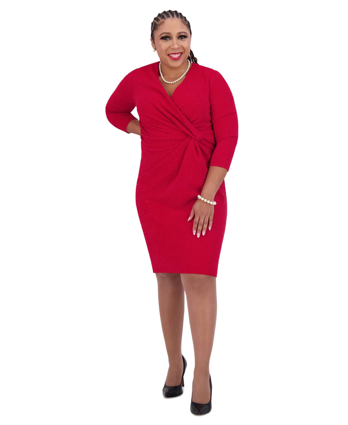 Women's Twist-Front 3/4-Sleeve Glitter Sheath Dress - Crimson