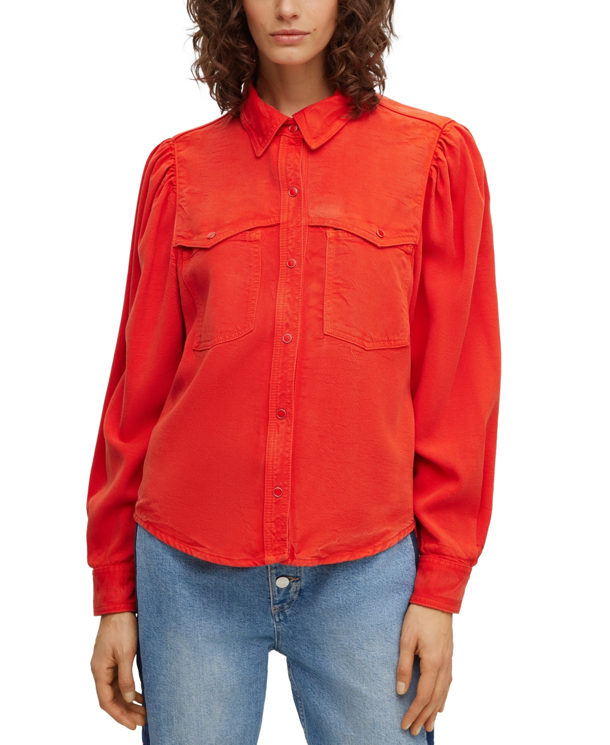 Hugo Boss Regular-fit Blouse With Popper Closures And Point Collar In Orange