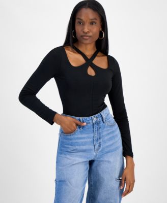 Bar III - Women's Cutout-Neck Long-Sleeve Bodysuit