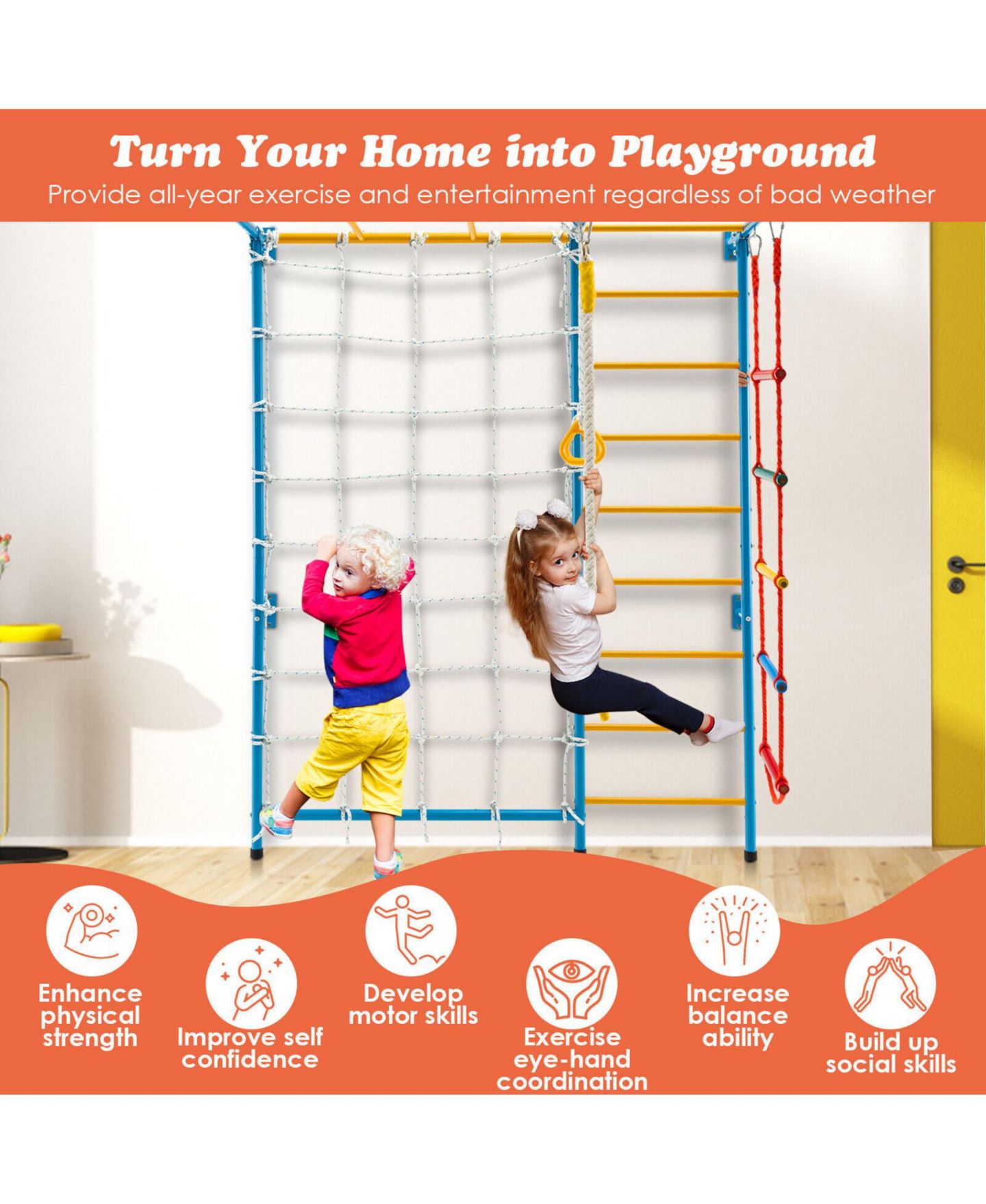 Детские игрушки GOUUN 7-In-1 Swedish Wall Ladder Carbon Steel Indoor Gym Playground Set, Ages 3+ — фото 11
