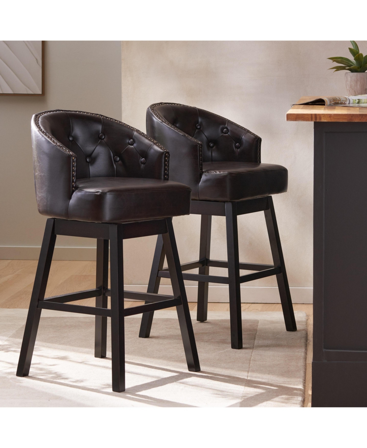 Set of 2 Tall Swivel Counter Height Bar Stools with Tufted Back and Nailhead Trim
