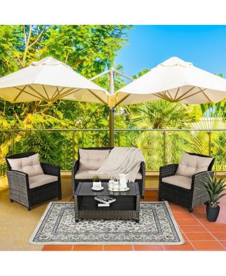 4 Pieces Outdoor Rattan Furniture Set with Glass Table