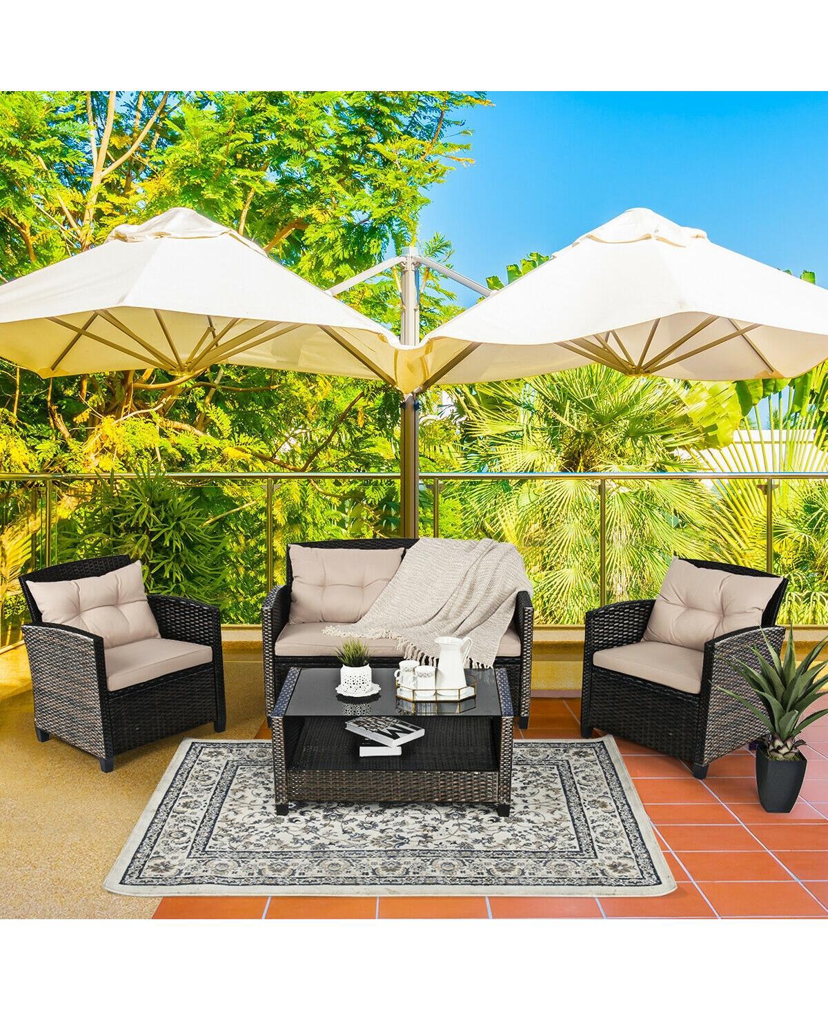 Gouun 4 Pieces Outdoor Rattan Furniture Set with Glass Table