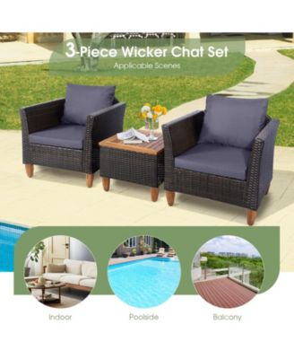 3 Pieces Outdoor Patio Wicker Furniture Set with Cushions and Acacia Wood Table