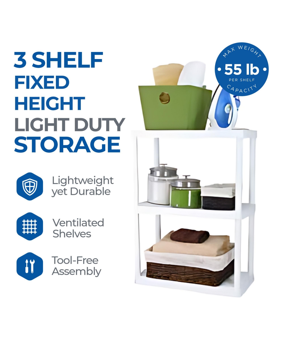 Gracious Living 3 Shelf Fixed Height Light Duty Storage Unit,(2 Pack) - White