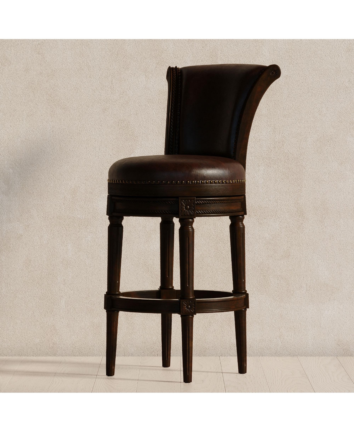 Maven Lane Pullman Wooden Swivel Stool, Dark Walnut w/ Leather, Set of 4