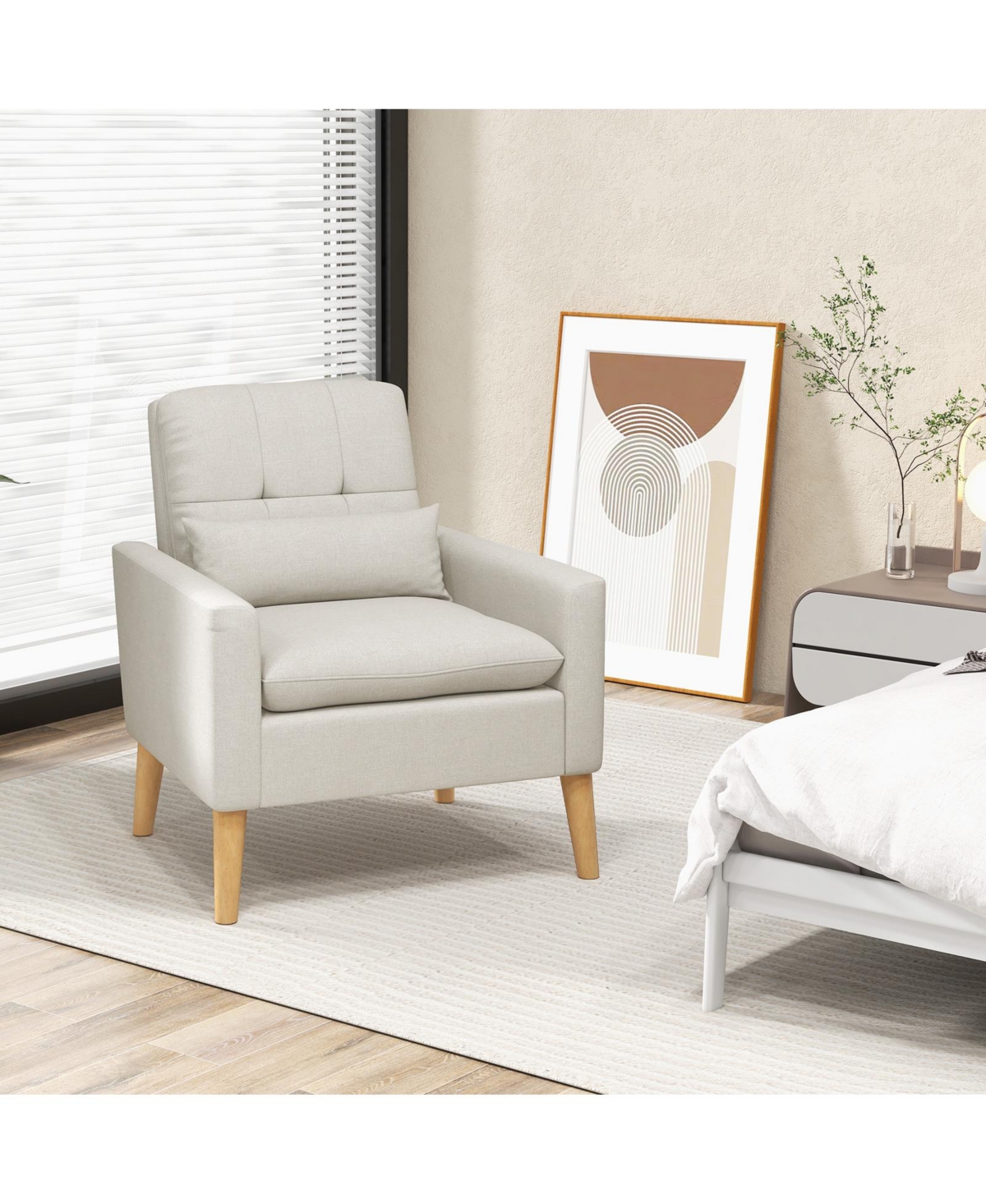 Gouun Accent Chair with Lumbar Pillow Rubber Wood Legs Padded Cushions -khaki