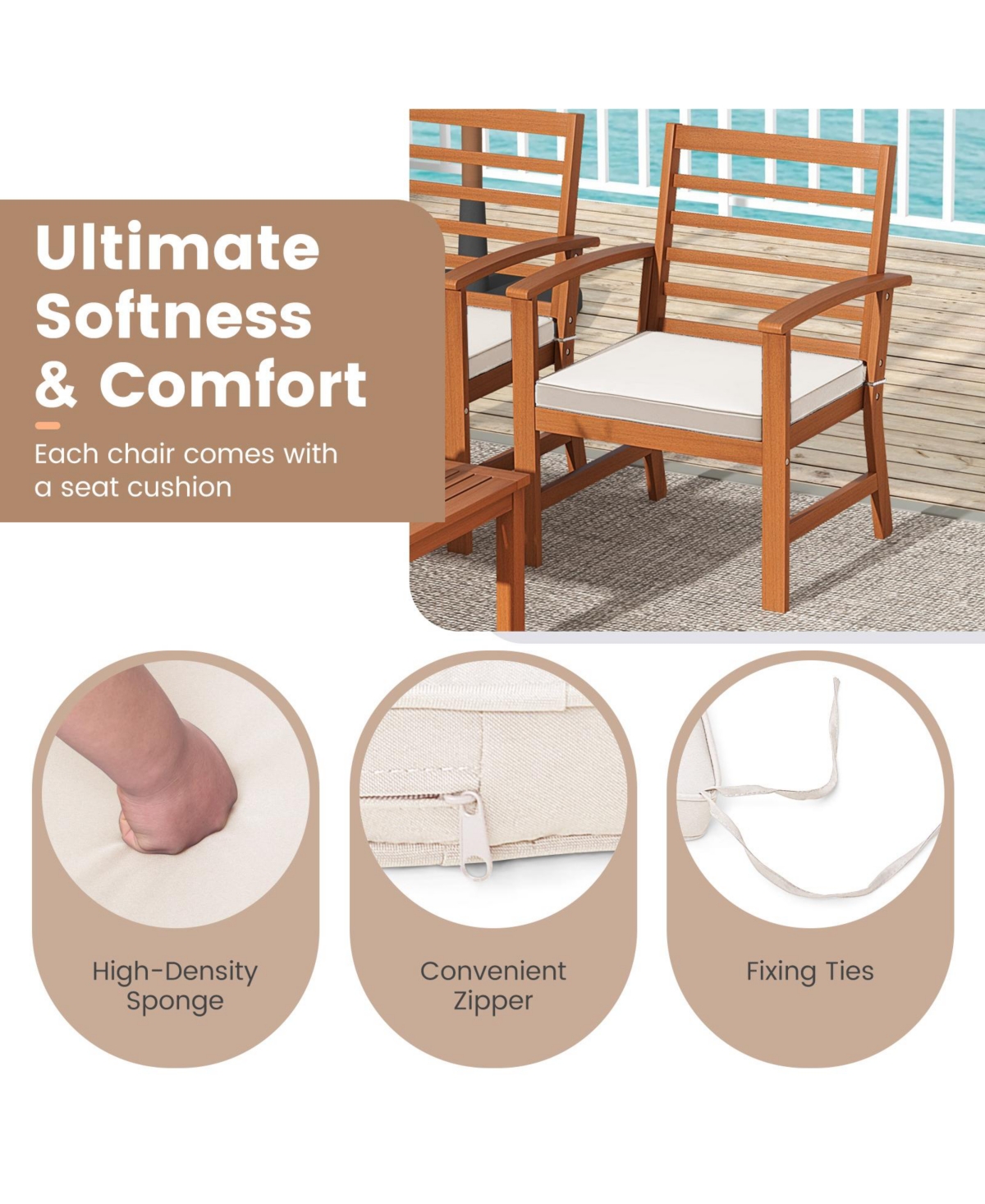 Gouun 4-Piece Acacia Wood Outdoor Furniture Set with Cushioned Chairs and Coffee Table