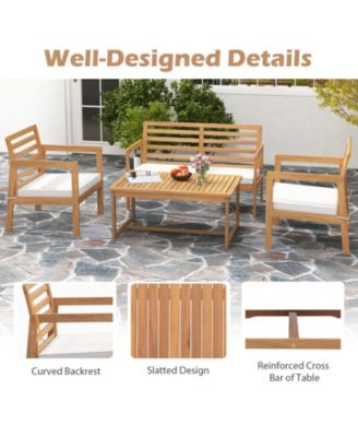 4 Piece Wood Patio Conversation Set with 2 Armchairs and Coffee Table