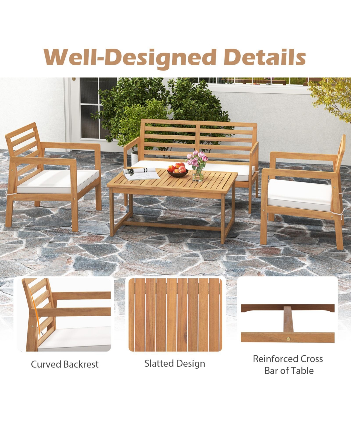Gouun 4 Piece Wood Patio Conversation Set with 2 Armchairs and Table