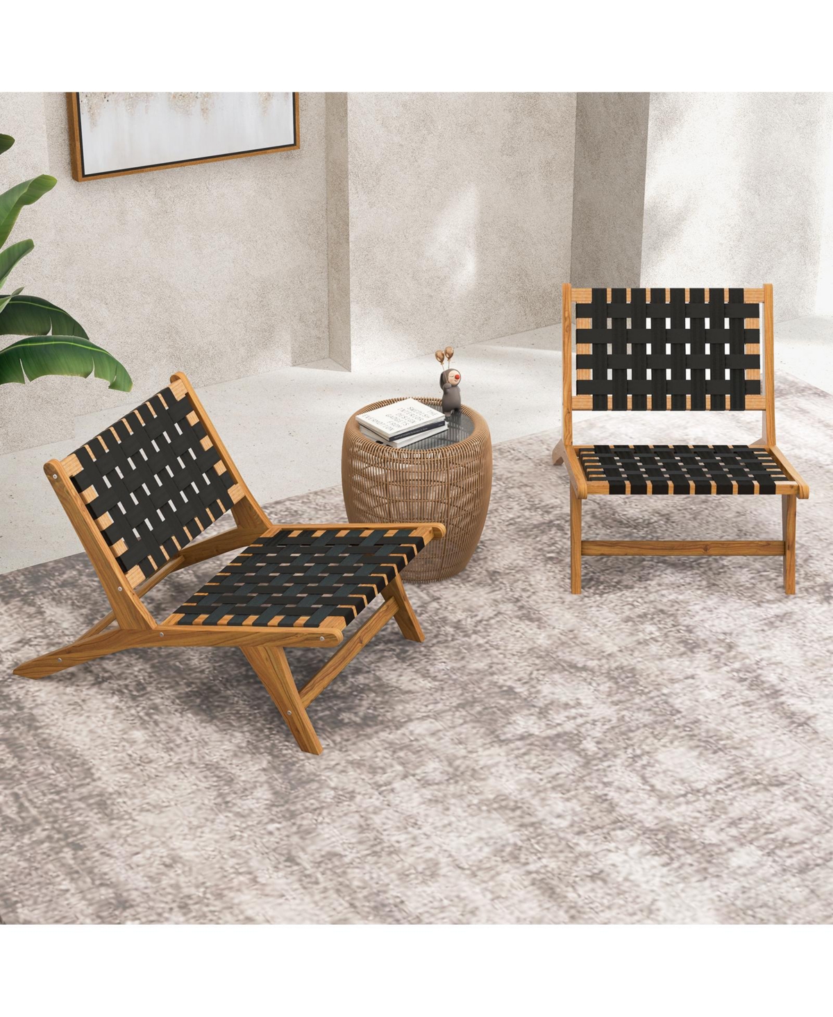 Gouun Indoor Patio Teak Wooden Chair with Woven Webbing Seat and Backrest