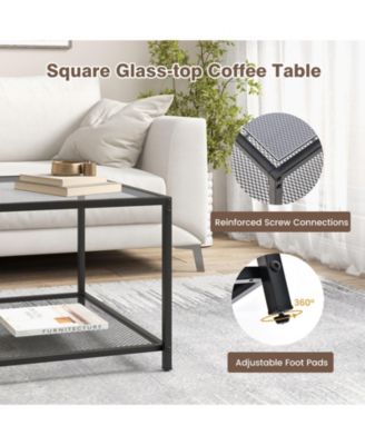 Modern 2-Tier Square Glass Table with Mesh Shelf