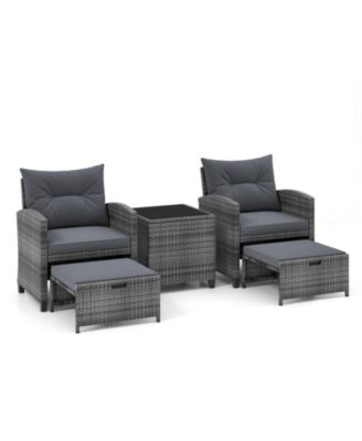 5 Piece Patio Rattan Furniture with 2 Ottomans and Tempered Glass Table