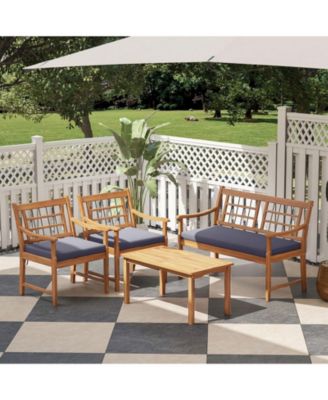 4 Piece Wood Patio Furniture with Armchairs Loveseat and Table