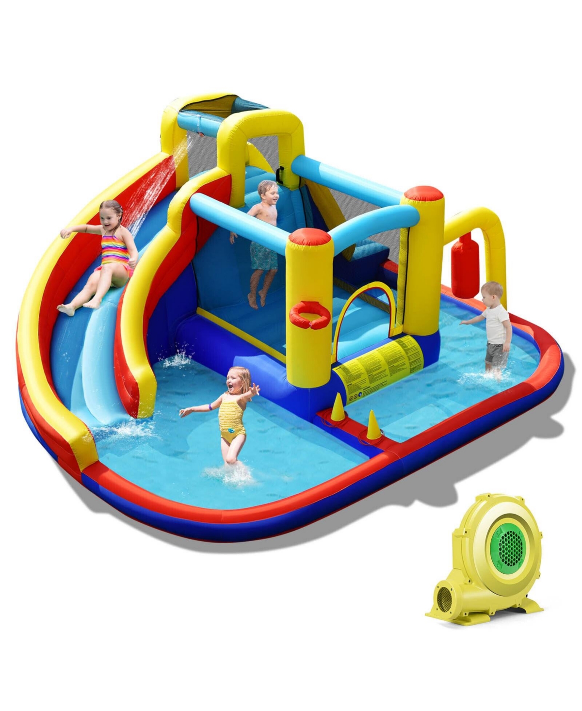 7-in-1 Inflatable Water Slide with 735W Air Blower and Splash Pool - Blue